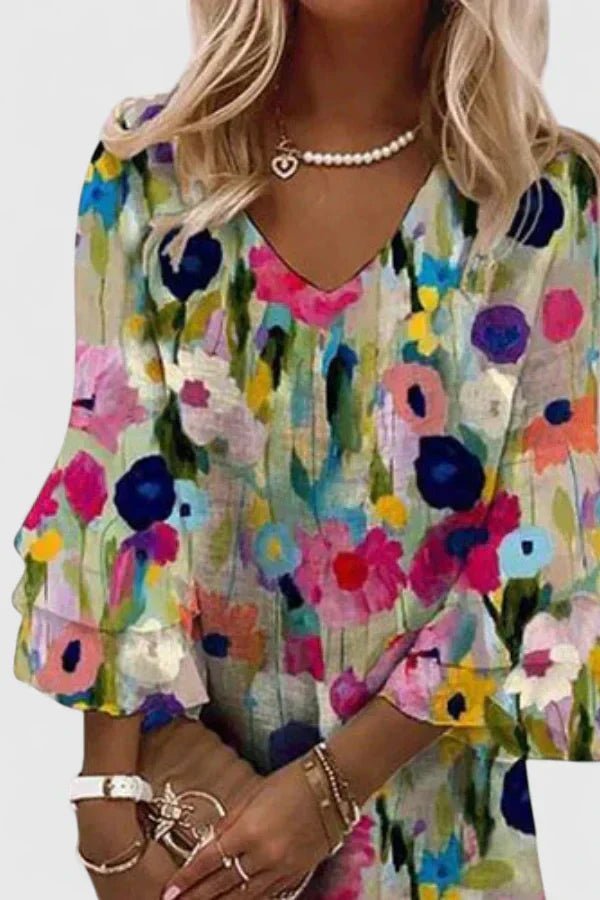 Katharina | Damen Blumenprint V-Ausschnitt Rüschenärmel Minikleid