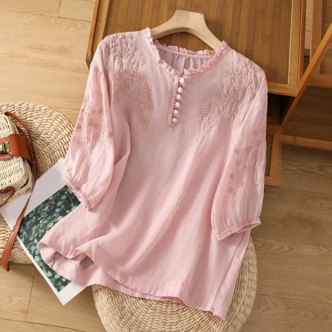 Elisabeth | Damen Bohemian Bluse mit Blumenstickerei Rüschenkragen Puffärmeln