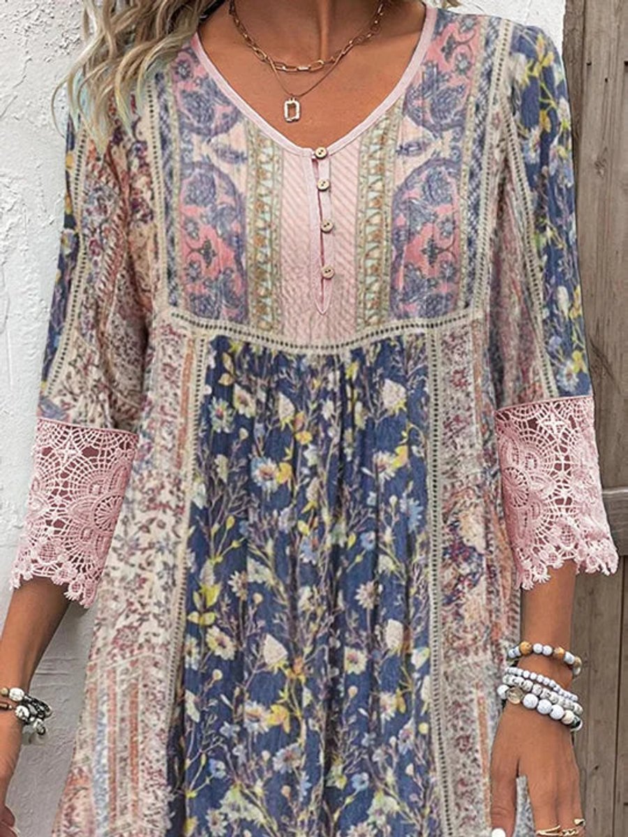 Nora | Damen Boho Blumen-Tunika Kleid mit Spitzenärmeln
