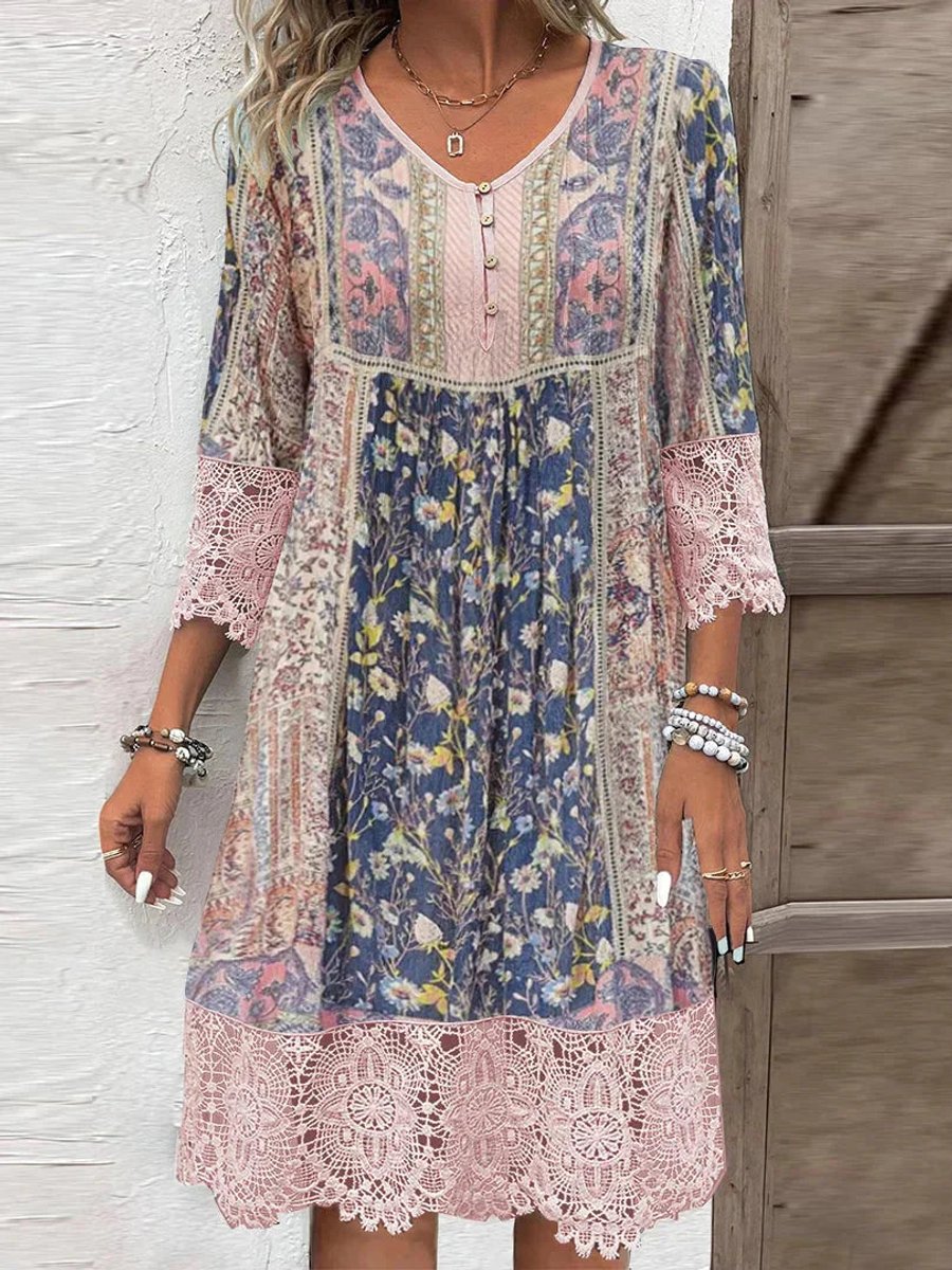 Nora | Damen Boho Blumen-Tunika Kleid mit Spitzenärmeln