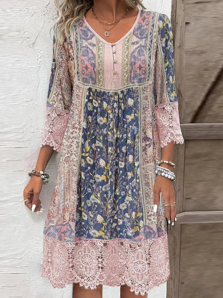 Nora | Damen Boho Blumen-Tunika Kleid mit Spitzenärmeln