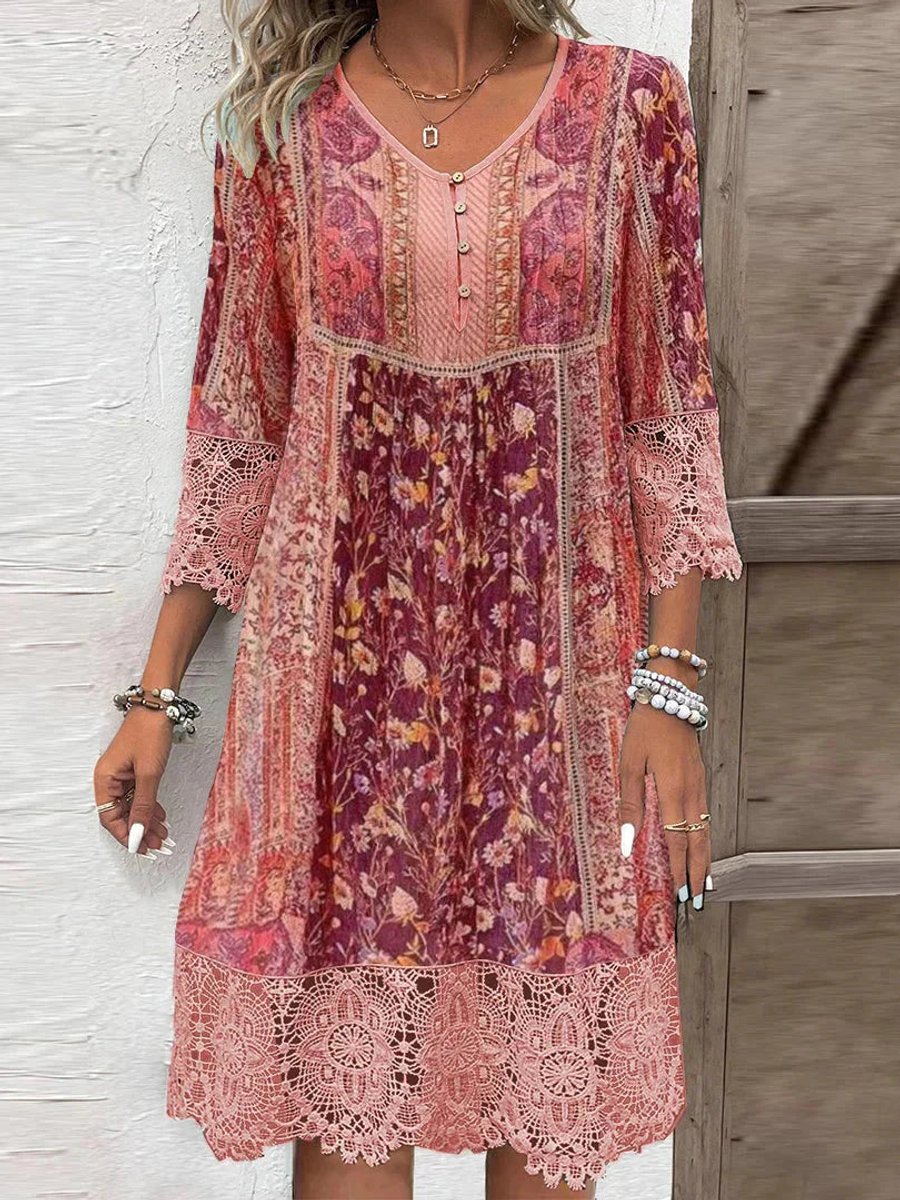 Nora | Damen Boho Blumen-Tunika Kleid mit Spitzenärmeln