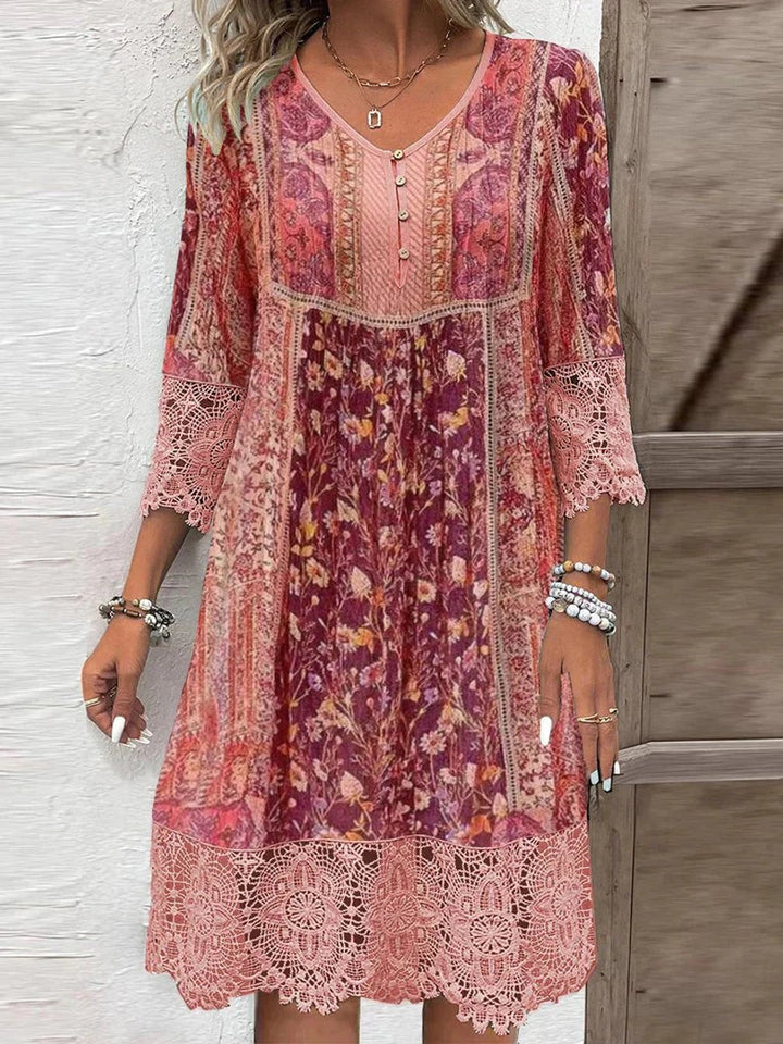 Nora | Damen Boho Blumen-Tunika Kleid mit Spitzenärmeln
