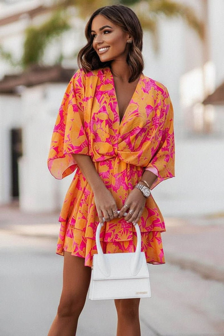 Sophie | Damen Boho Cocktailkleid Tropisches Muster Kurzarm Mini