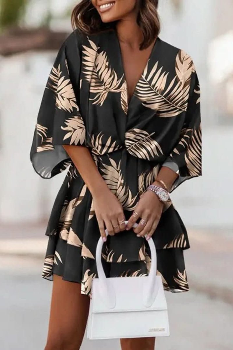 Sophie | Damen Boho Cocktailkleid Tropisches Muster Kurzarm Mini