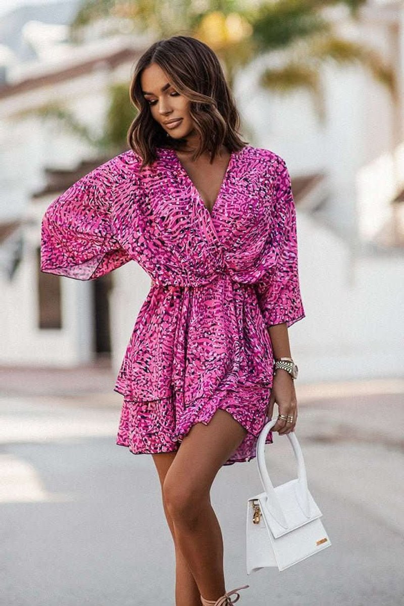 Sophie | Damen Boho Cocktailkleid Tropisches Muster Kurzarm Mini