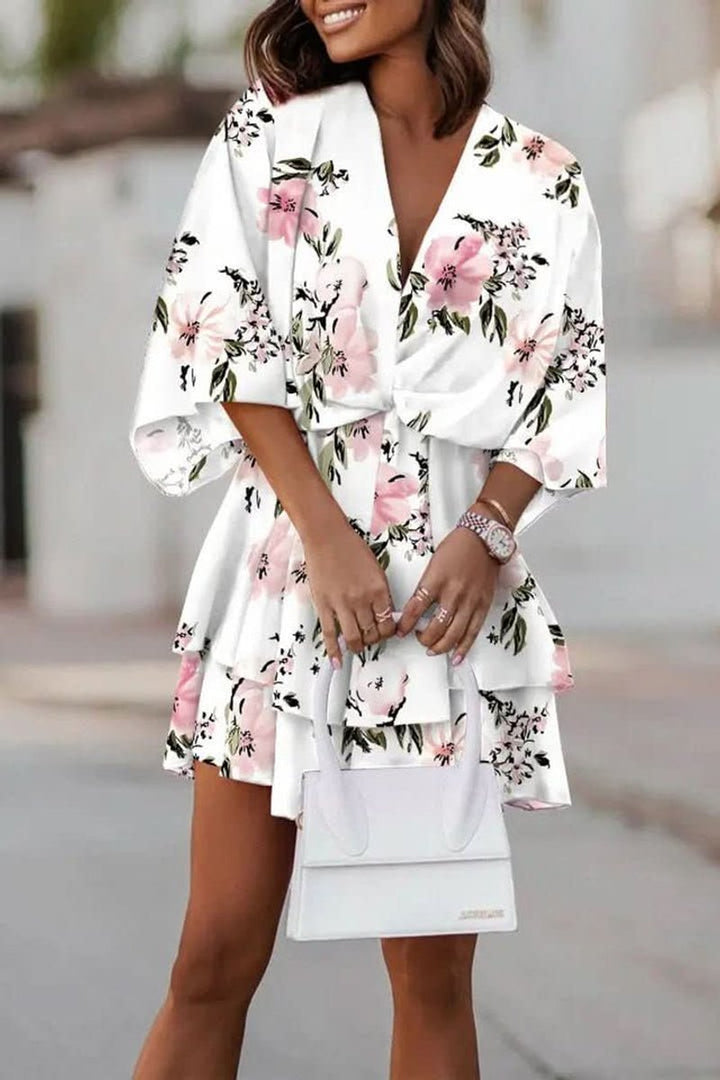 Sophie | Damen Boho Cocktailkleid Tropisches Muster Kurzarm Mini