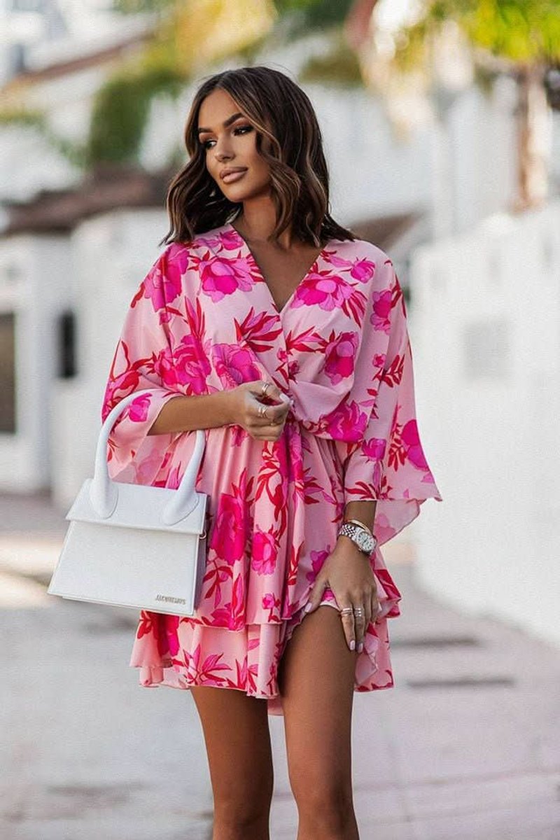Sophie | Damen Boho Cocktailkleid Tropisches Muster Kurzarm Mini
