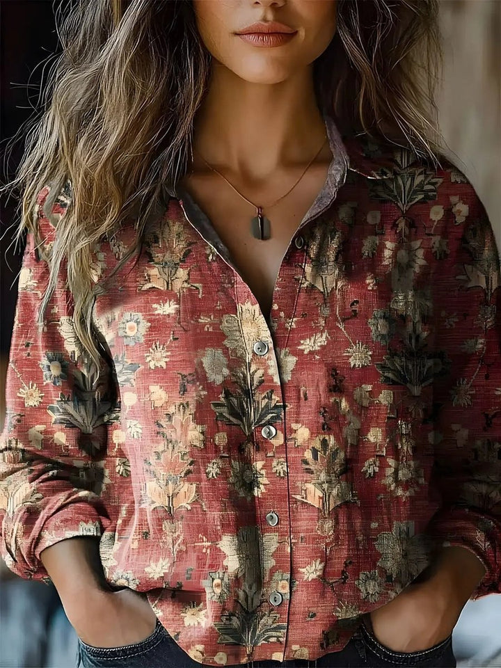 Elisabeth | Damen Boho Langarm Bluse geknöpft florales Muster