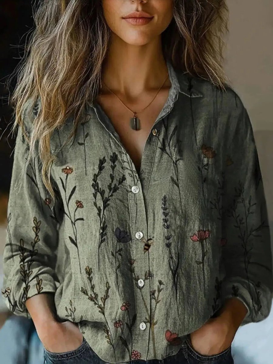 Elisabeth | Damen Boho Langarm Bluse geknöpft florales Muster
