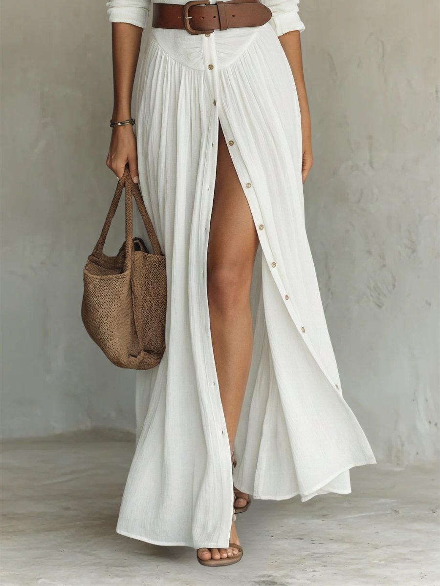 Marie | Damen Boho Maxi-Hemdblusenkleid mit Knopfleiste Gürtel