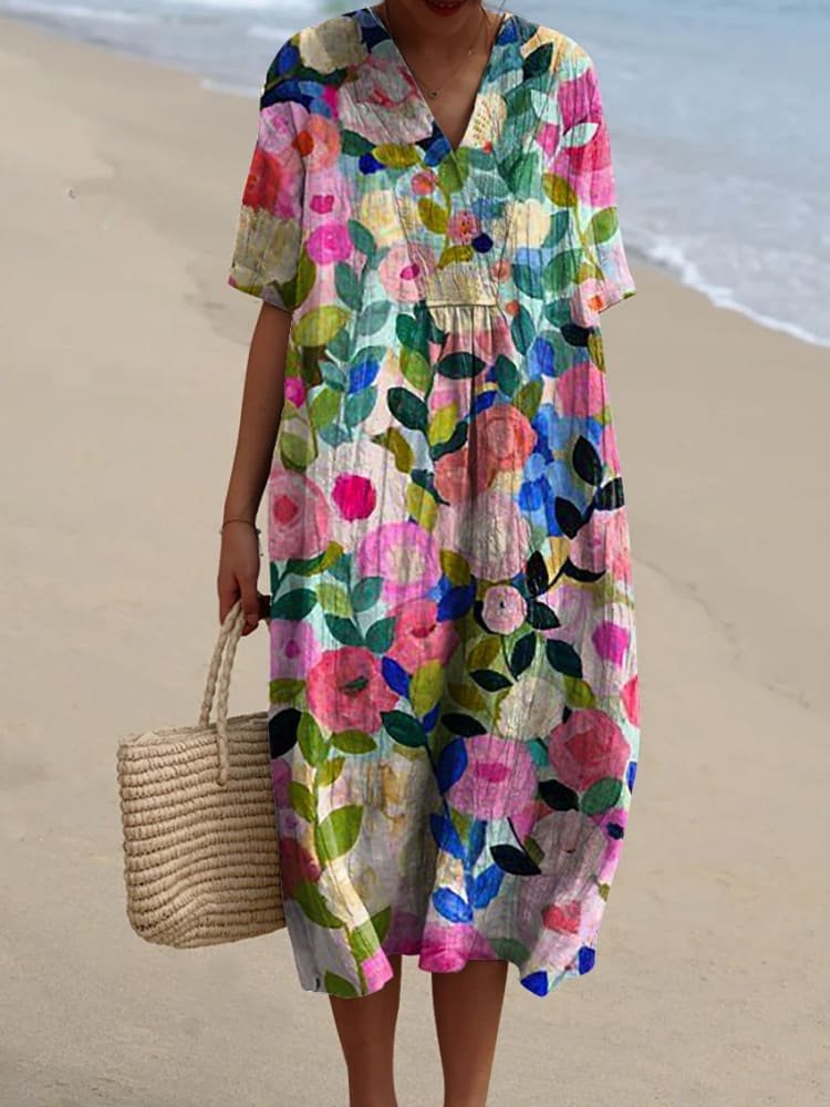 Leonie | Damen Boho V-Ausschnitt Midi-Sommerkleid mit Kurzen Ärmeln