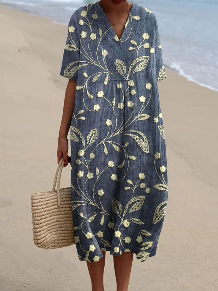 Leonie | Damen Boho V-Ausschnitt Midi-Sommerkleid mit Kurzen Ärmeln