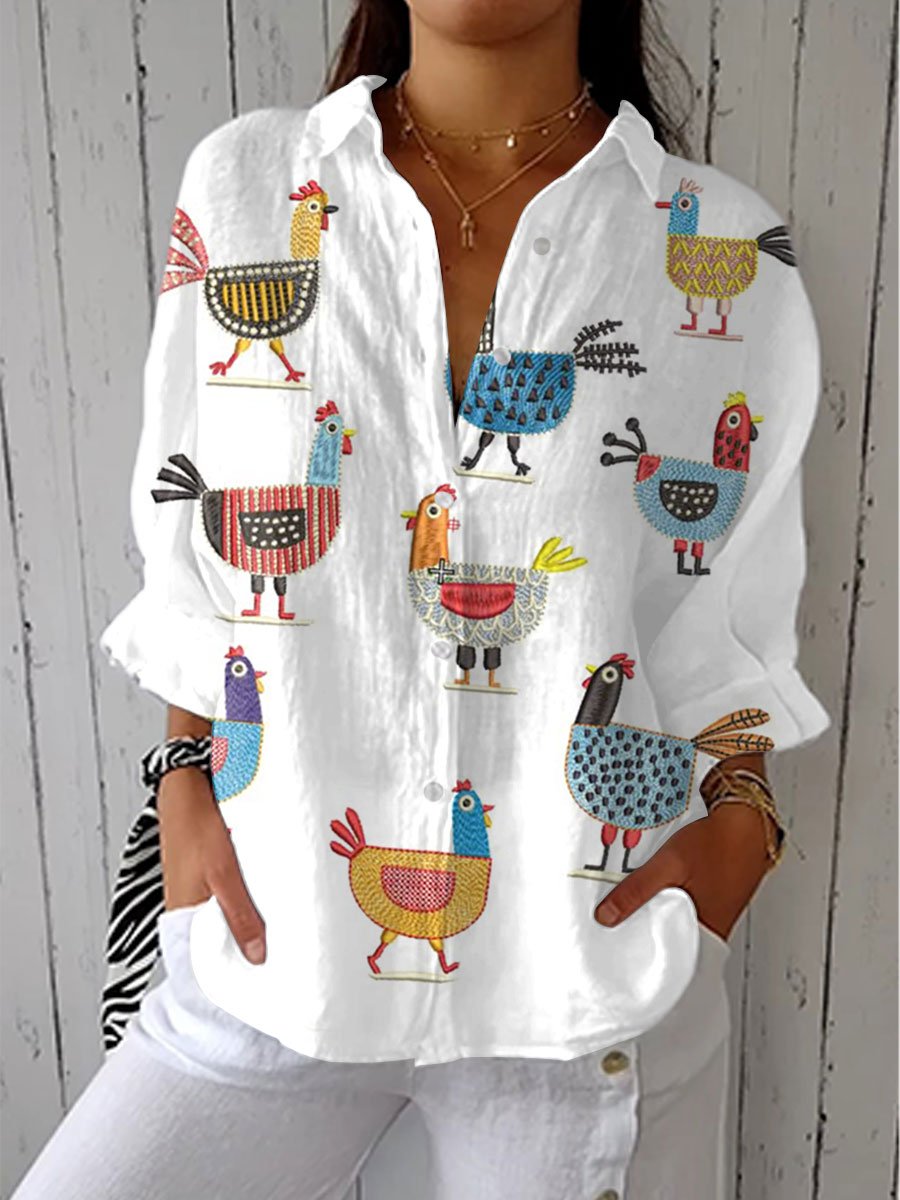 Amelie | Damen Bunte Hühner-Print Langarm Bluse mit Knopfleiste