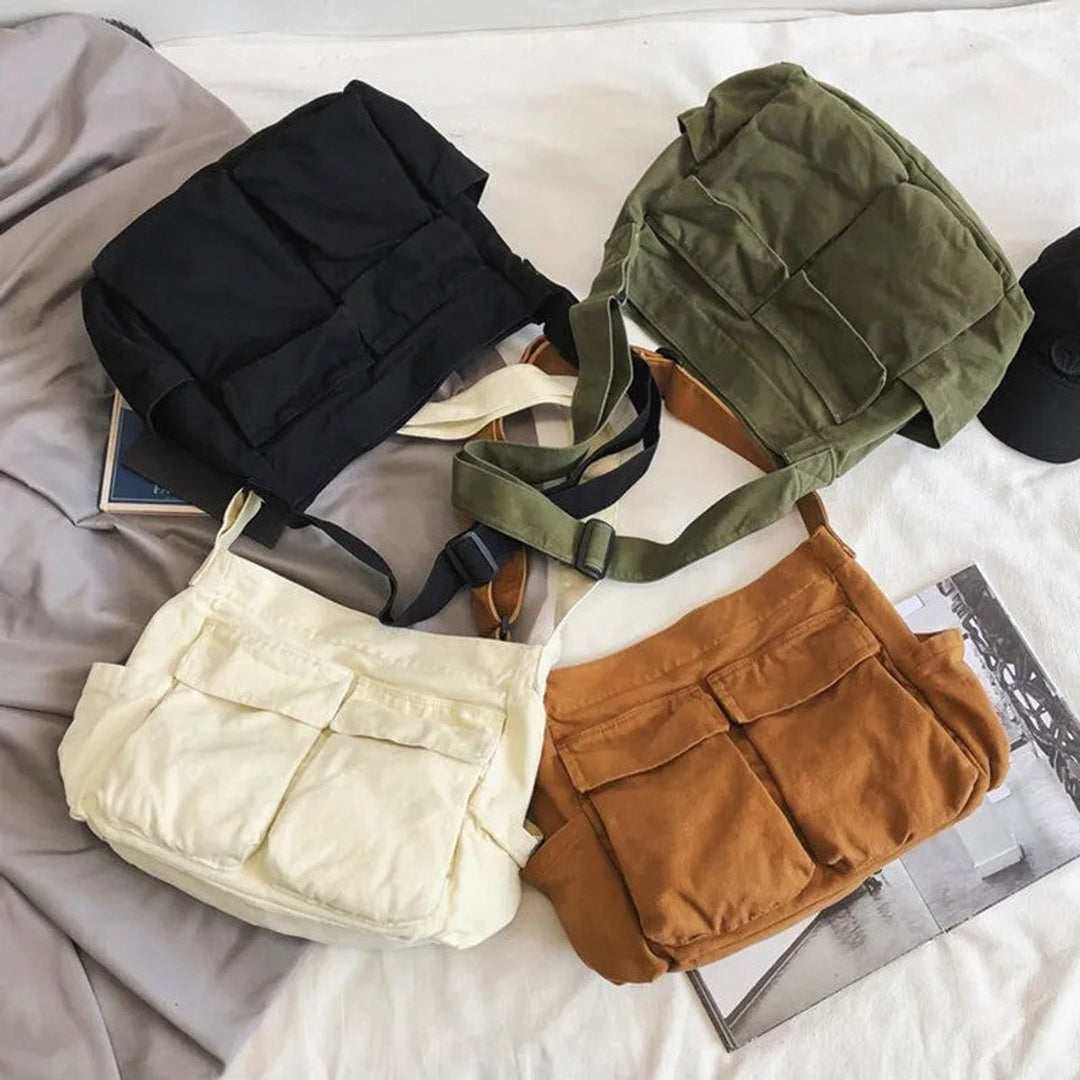 Marie | Damen Canvas Tote Bag Vintage Umhängetasche mit Außentaschen