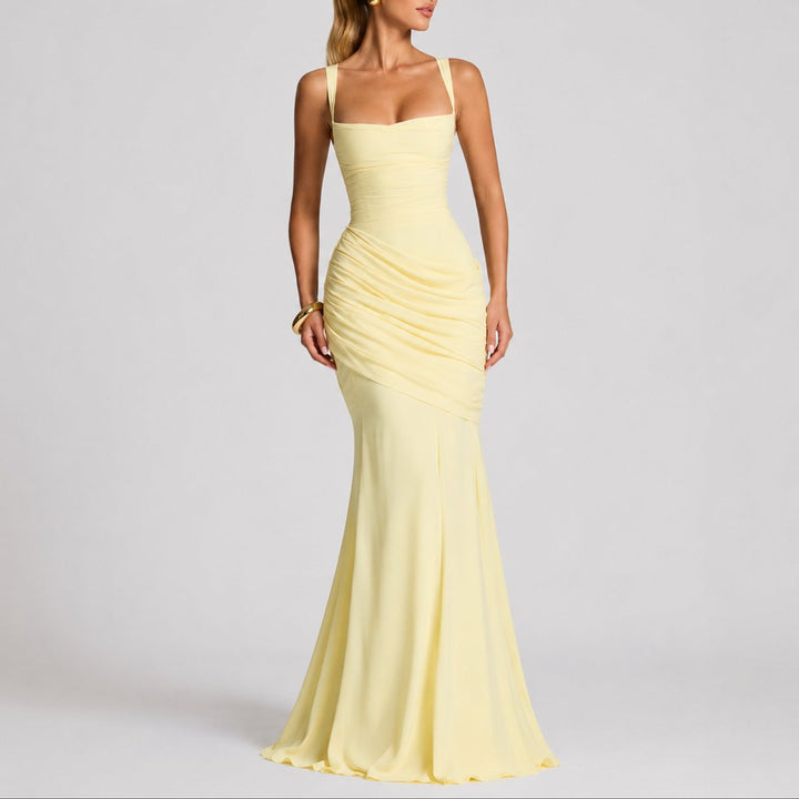 Johanna | Damen Elegantes Gerafftes Maxi Hochzeitskleid Abendkleid Quadratausschnitt