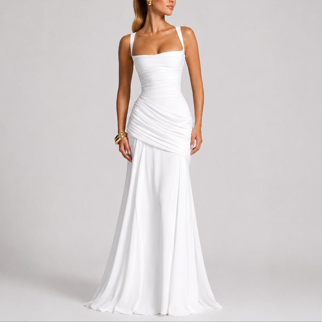 Johanna | Damen Elegantes Gerafftes Maxi Hochzeitskleid Abendkleid Quadratausschnitt