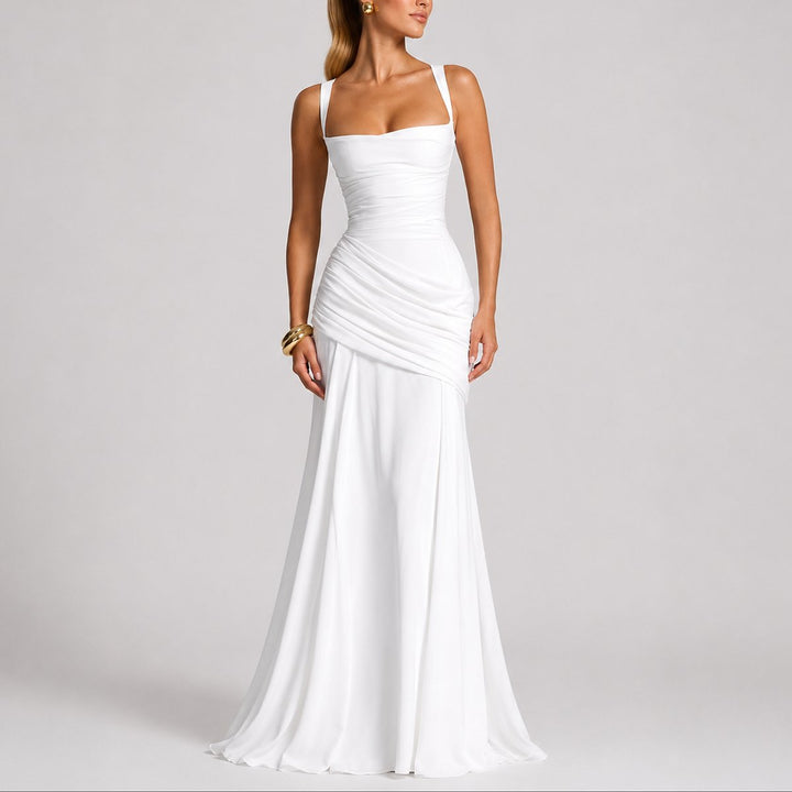 Johanna | Damen Elegantes Gerafftes Maxi Hochzeitskleid Abendkleid Quadratausschnitt