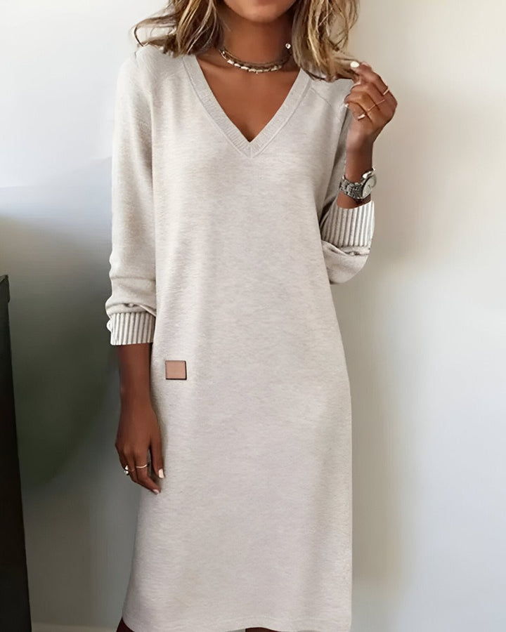 Mia | Damen Elegantes Langarm Midi-Kleid V-Ausschnitt Festliche Kleider