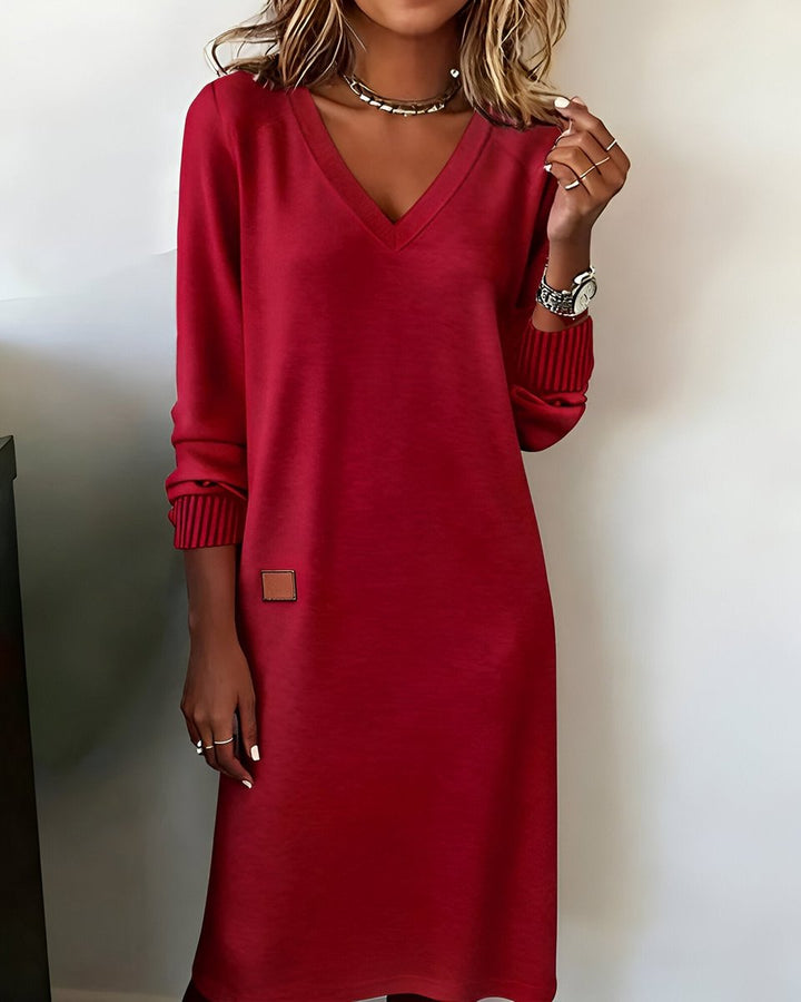 Mia | Damen Elegantes Langarm Midi-Kleid V-Ausschnitt Festliche Kleider