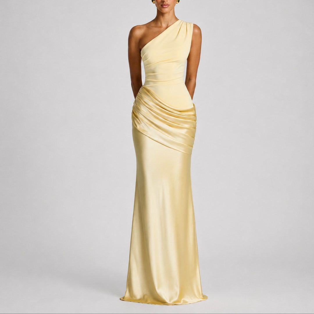 Hannah | Damen Elegantes One-Shoulder Satin-Maxikleid für Hochzeitsgäste im Herbst