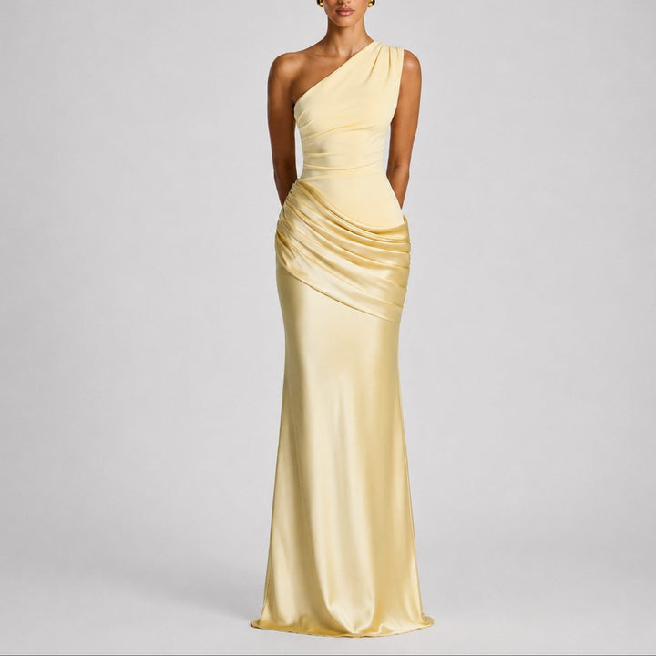 Hannah | Damen Elegantes One-Shoulder Satin-Maxikleid für Hochzeitsgäste im Herbst