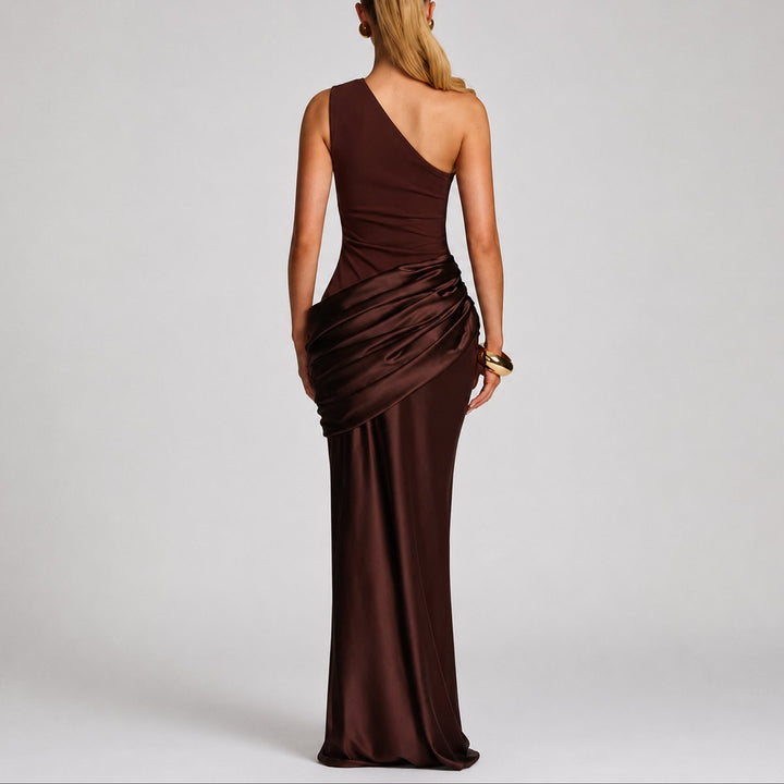 Hannah | Damen Elegantes One-Shoulder Satin-Maxikleid für Hochzeitsgäste im Herbst