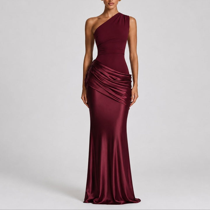 Hannah | Damen Elegantes One-Shoulder Satin-Maxikleid für Hochzeitsgäste im Herbst