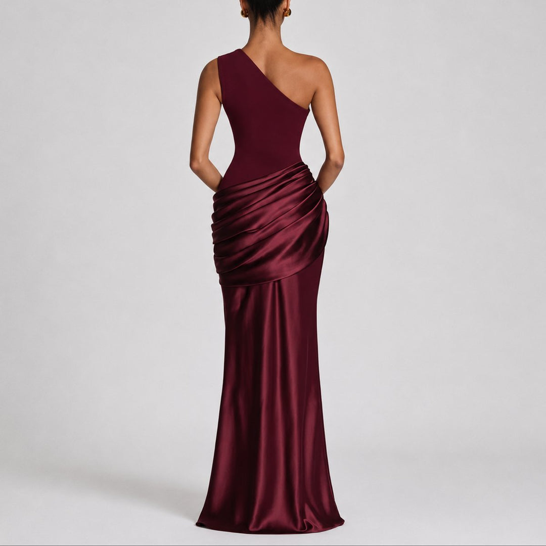 Hannah | Damen Elegantes One-Shoulder Satin-Maxikleid für Hochzeitsgäste im Herbst