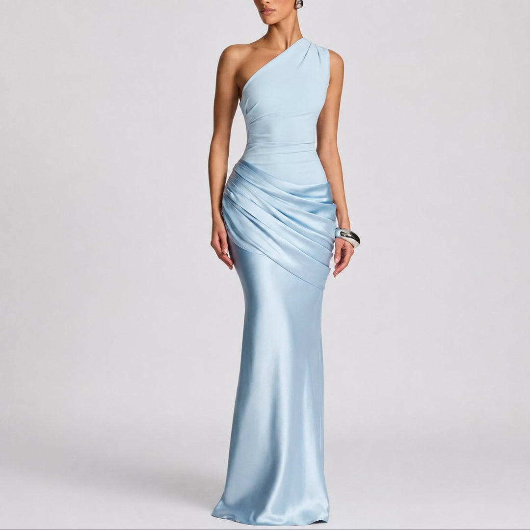 Hannah | Damen Elegantes One-Shoulder Satin-Maxikleid für Hochzeitsgäste im Herbst