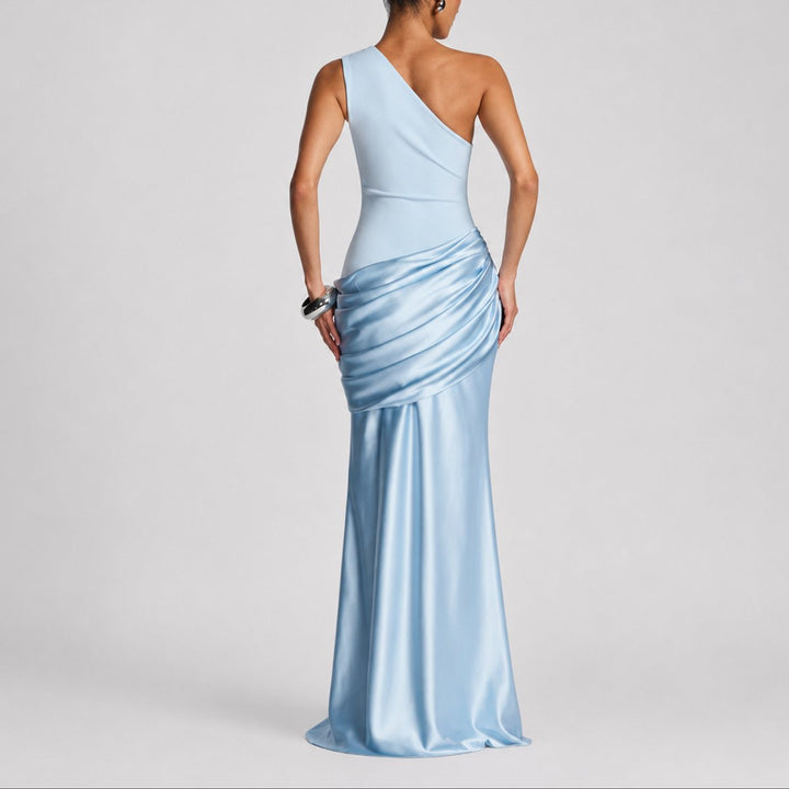 Hannah | Damen Elegantes One-Shoulder Satin-Maxikleid für Hochzeitsgäste im Herbst