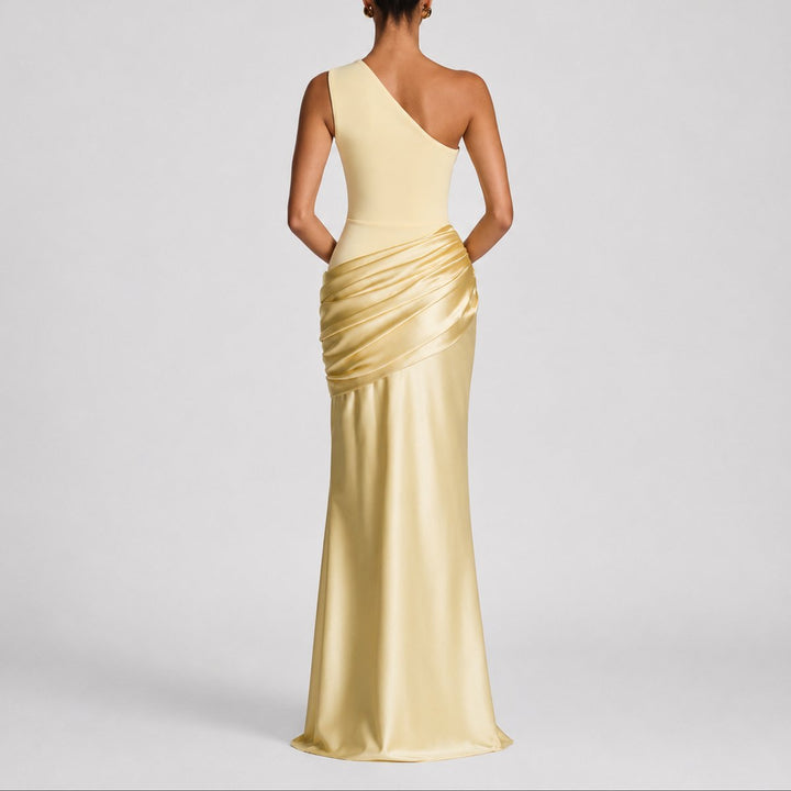 Hannah | Damen Elegantes One-Shoulder Satin-Maxikleid für Hochzeitsgäste im Herbst
