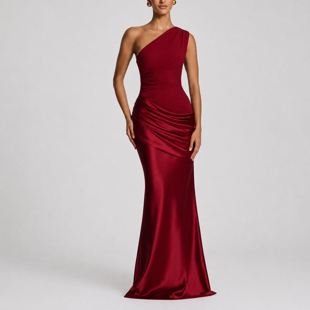 Hannah | Damen Elegantes One-Shoulder Satin-Maxikleid für Hochzeitsgäste im Herbst
