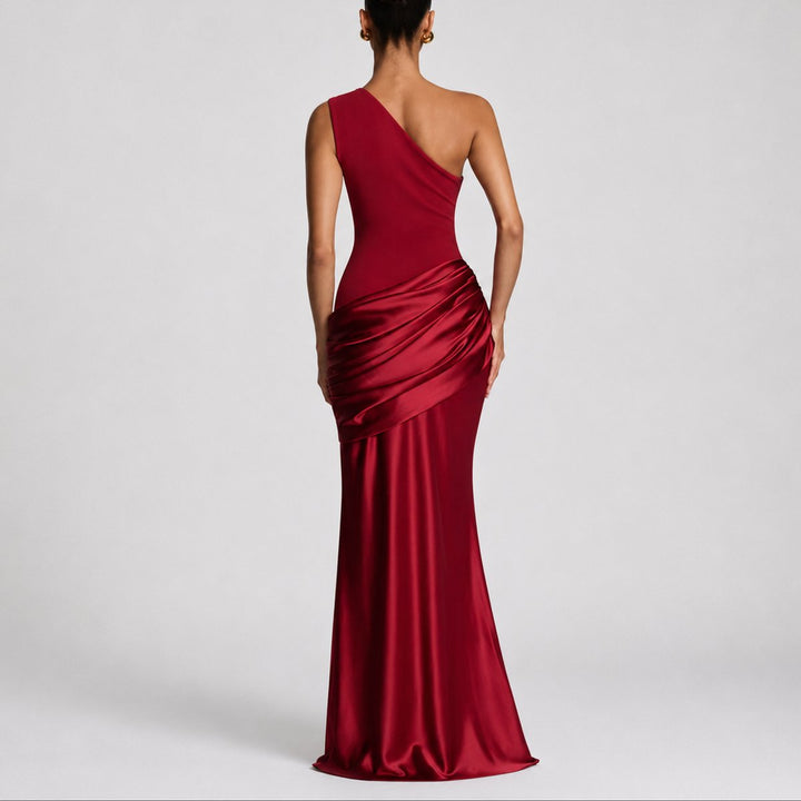Hannah | Damen Elegantes One-Shoulder Satin-Maxikleid für Hochzeitsgäste im Herbst
