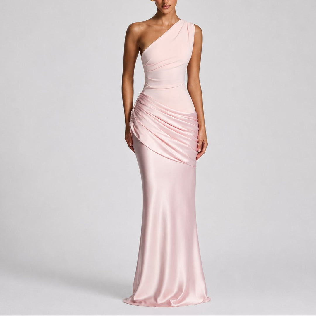 Hannah | Damen Elegantes One-Shoulder Satin-Maxikleid für Hochzeitsgäste im Herbst