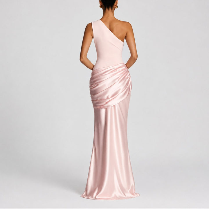 Hannah | Damen Elegantes One-Shoulder Satin-Maxikleid für Hochzeitsgäste im Herbst