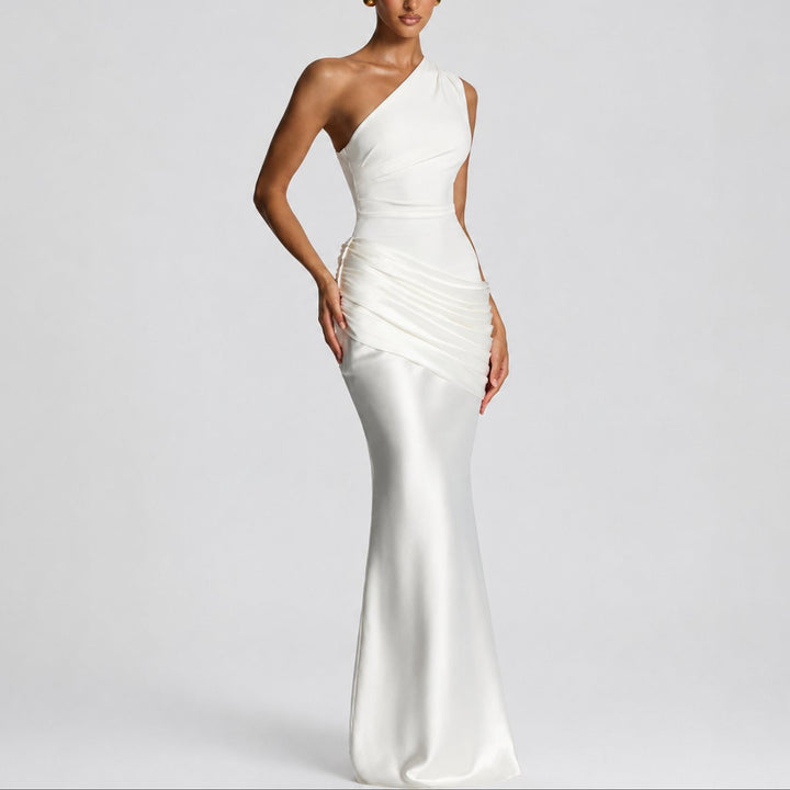Hannah | Damen Elegantes One-Shoulder Satin-Maxikleid für Hochzeitsgäste im Herbst