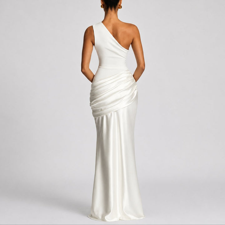 Hannah | Damen Elegantes One-Shoulder Satin-Maxikleid für Hochzeitsgäste im Herbst