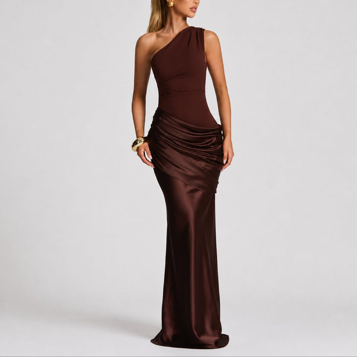 Hannah | Damen Elegantes One-Shoulder Satin-Maxikleid für Hochzeitsgäste im Herbst