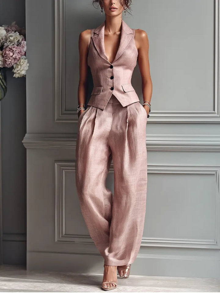 Frieda | Damen Elegantes Wide-Leg-Hosen Leinenoptik Zweiteiler mit Weste