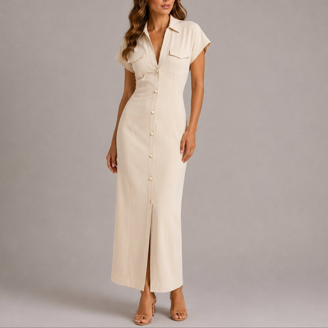 Sophie | Damen Figurbetontes Maxi-Hemdblusenkleid für Herbst-Hochzeitsgäste