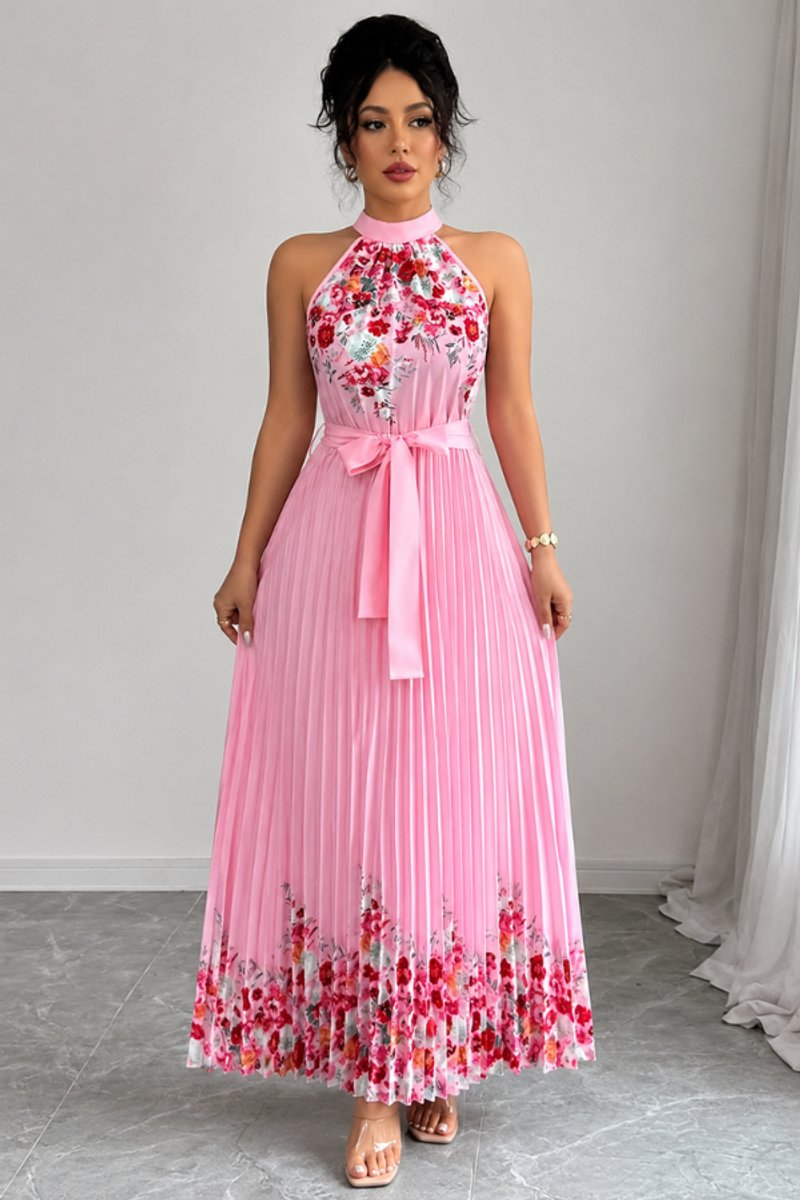 Emilia | Damen Geblümtes Plissee-Neckholder Midi-Kleid