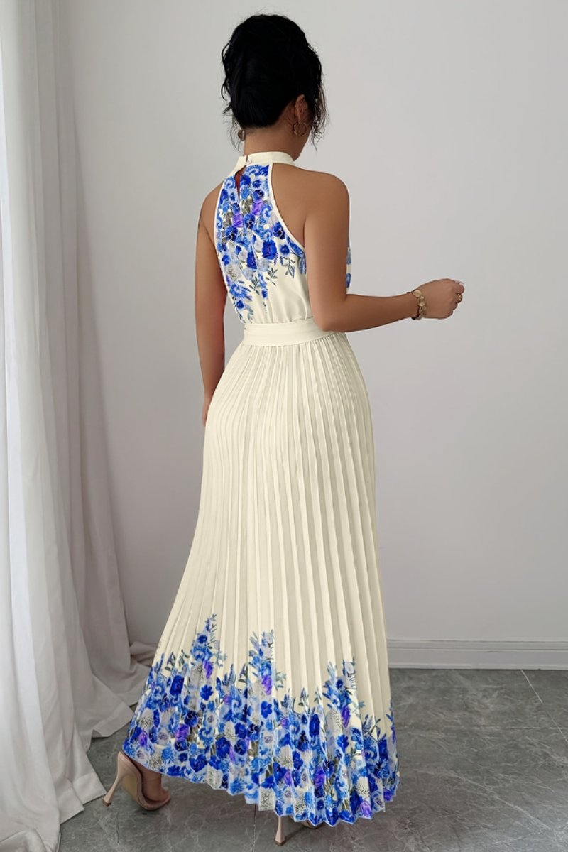 Emilia | Damen Geblümtes Plissee-Neckholder Midi-Kleid