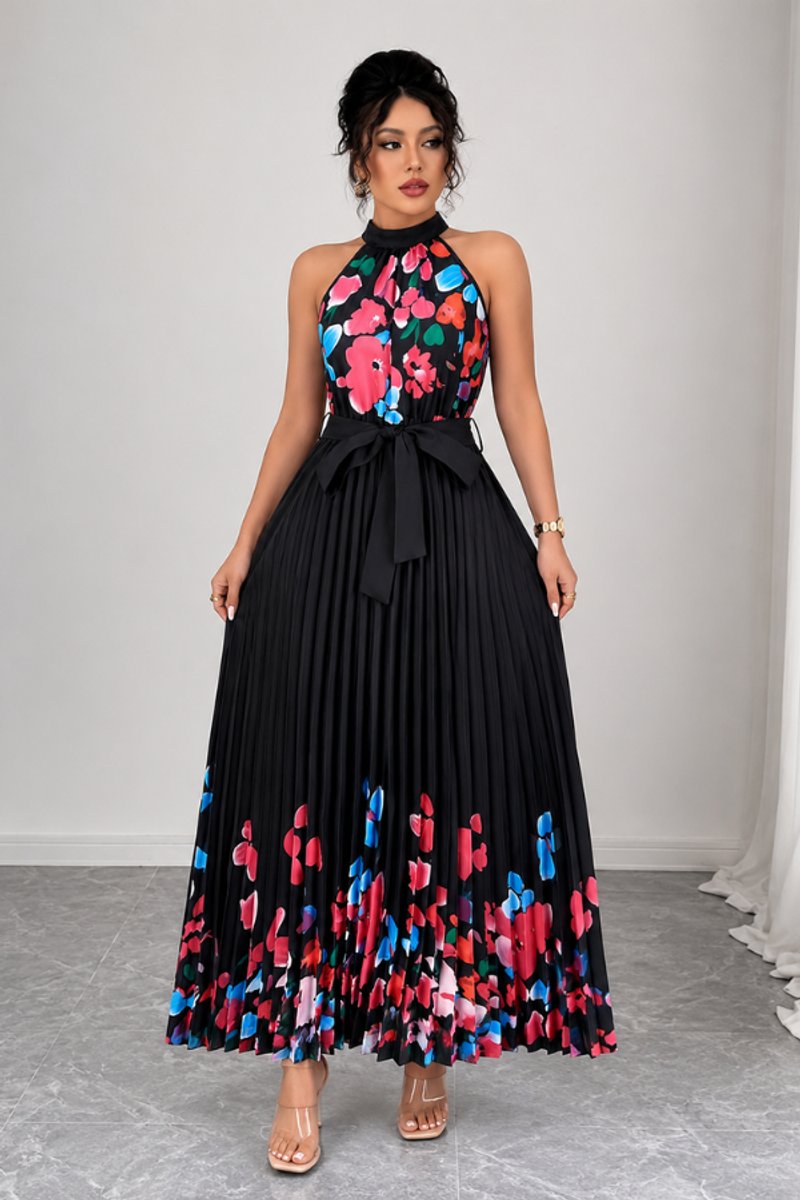 Emilia | Damen Geblümtes Plissee-Neckholder Midi-Kleid