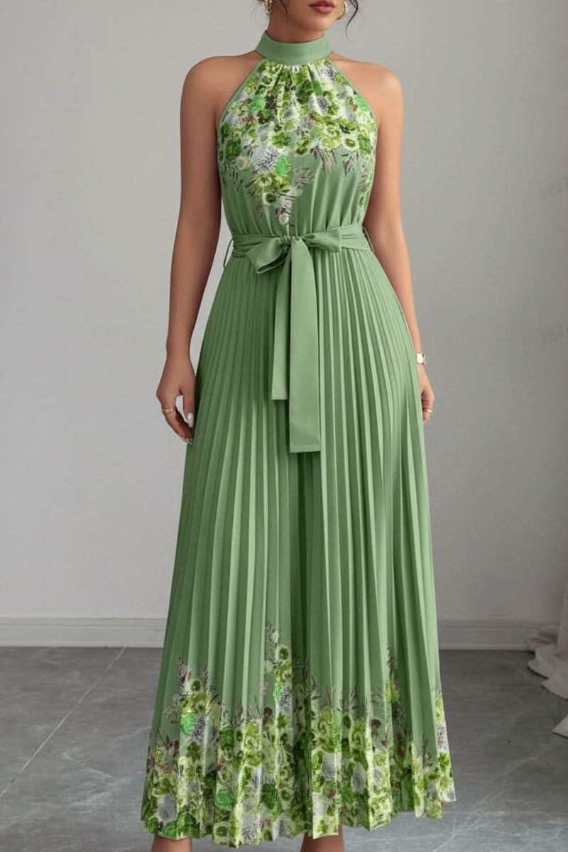 Emilia | Damen Geblümtes Plissee-Neckholder Midi-Kleid