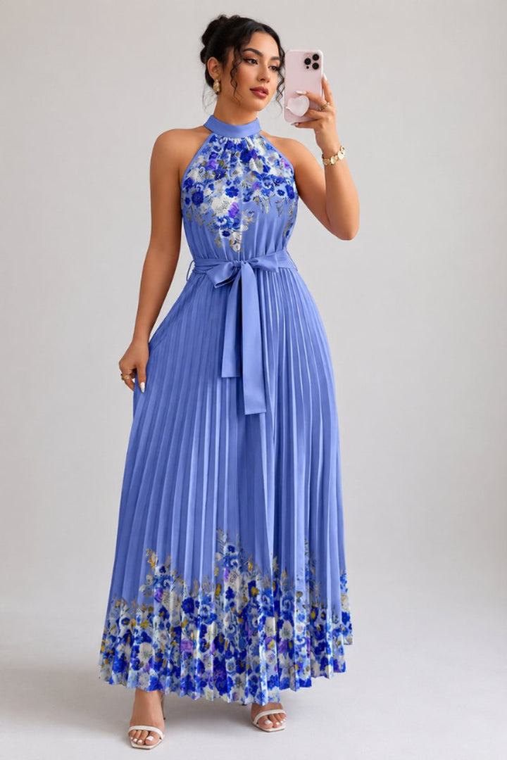 Emilia | Damen Geblümtes Plissee-Neckholder Midi-Kleid