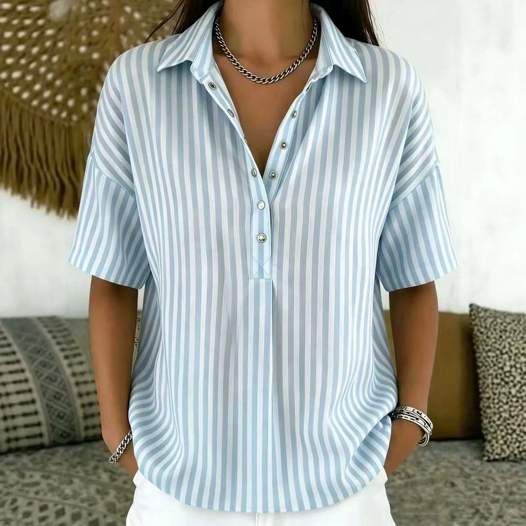 Emilia | Damen Gestreifte Relaxed-Fit Kurzarm-Bluse mit Polokragen