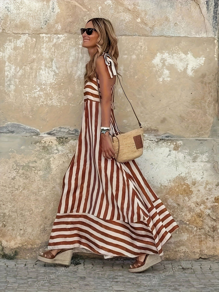 Luisa | Damen Gestreiftes Maxi-Kleid mit Bindenden Spaghettiträgern