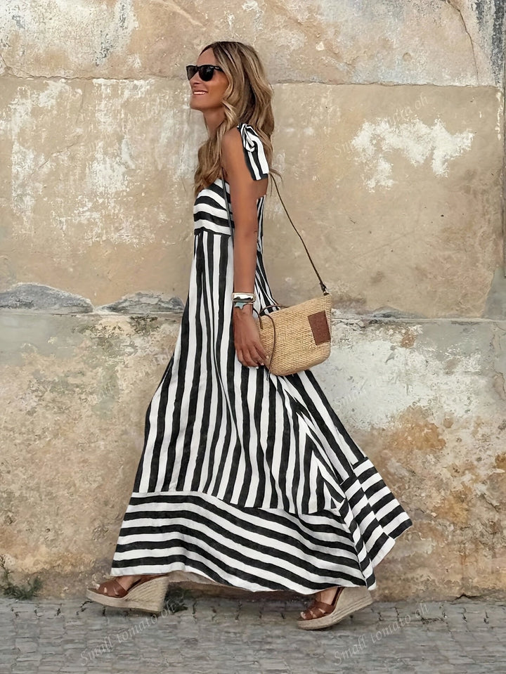 Luisa | Damen Gestreiftes Maxi-Kleid mit Bindenden Spaghettiträgern