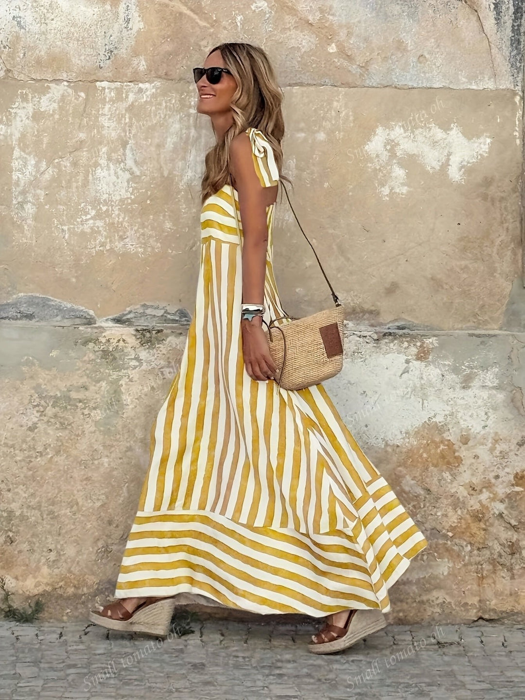 Luisa | Damen Gestreiftes Maxi-Kleid mit Bindenden Spaghettiträgern